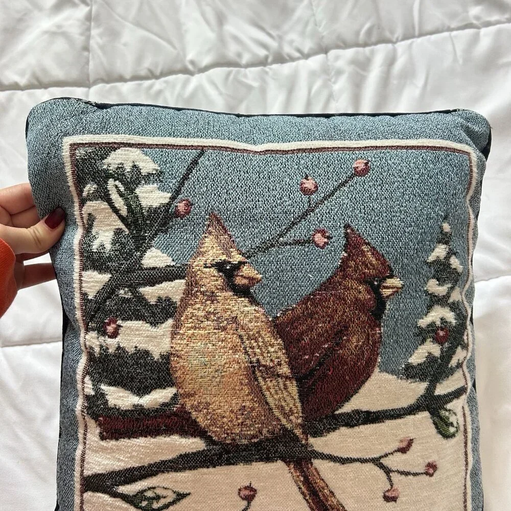 Vtg Cardinal Needlepoint‎ Accent Throw Pillow Winter Forest Blue Red Birds